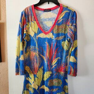 David Kline colorful crinkle v-neck 3/4 sleeve  poly/rayon summer dress